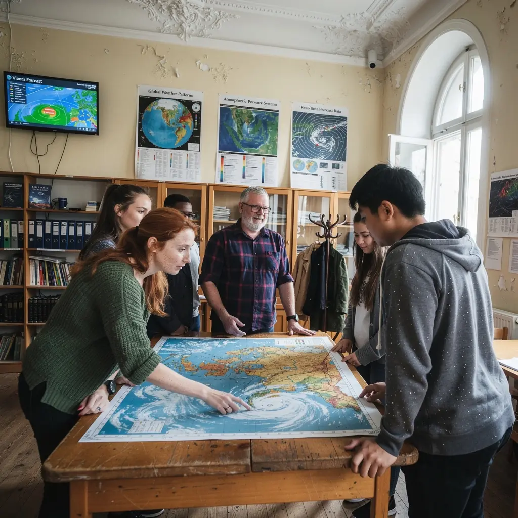 Studierende analysieren Wetterdaten auf Laptops.