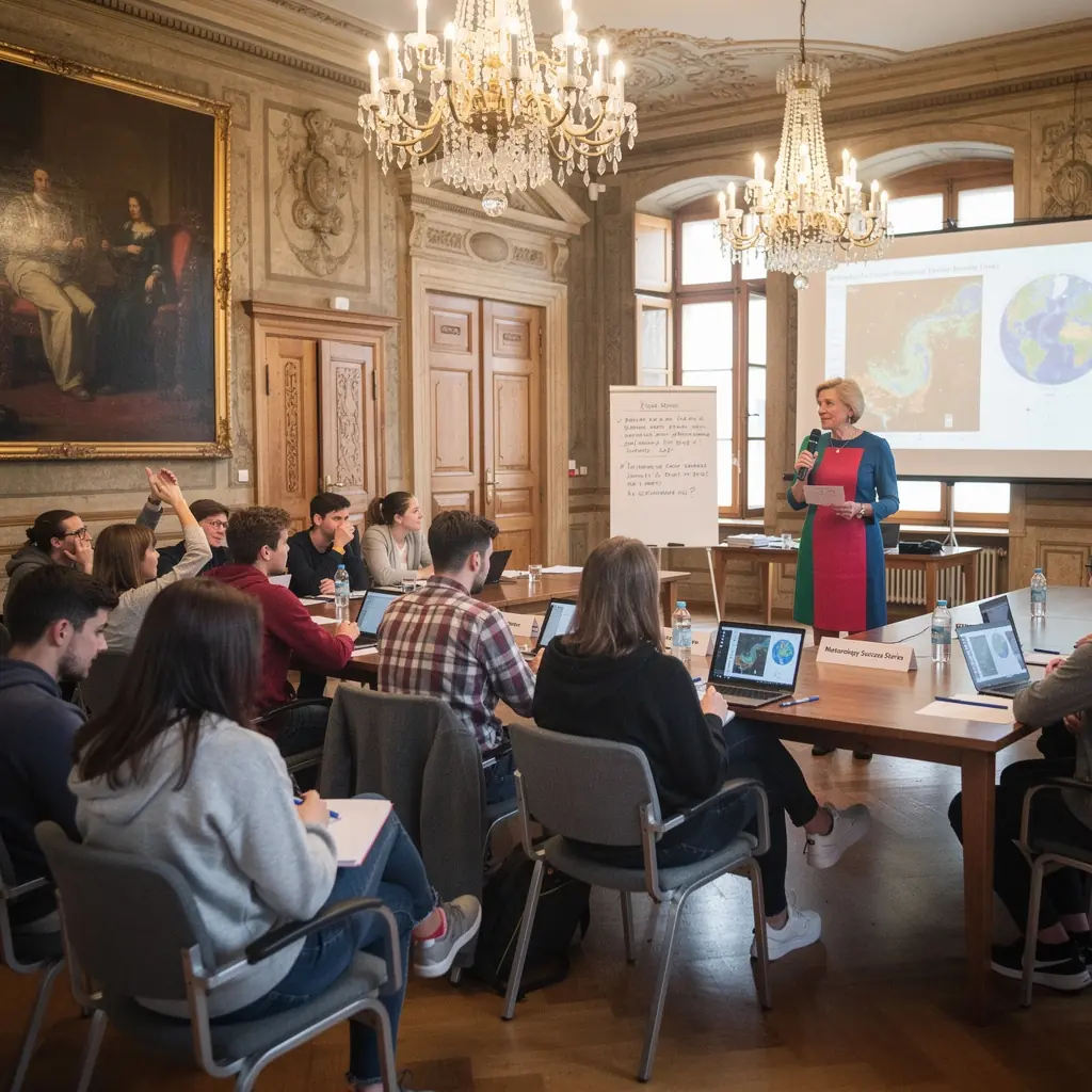Ein Meteorologe, der vor einem großen Bildschirm mit Wetterdaten und Karten steht und eine Präsentation hält.