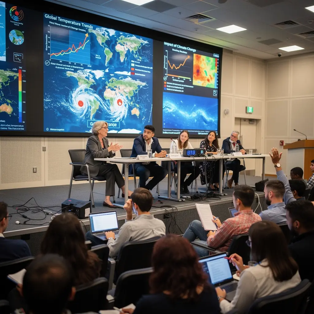 Ein Meteorologe, der vor einem großen Bildschirm mit Wetterdaten und Karten steht und eine Präsentation hält.